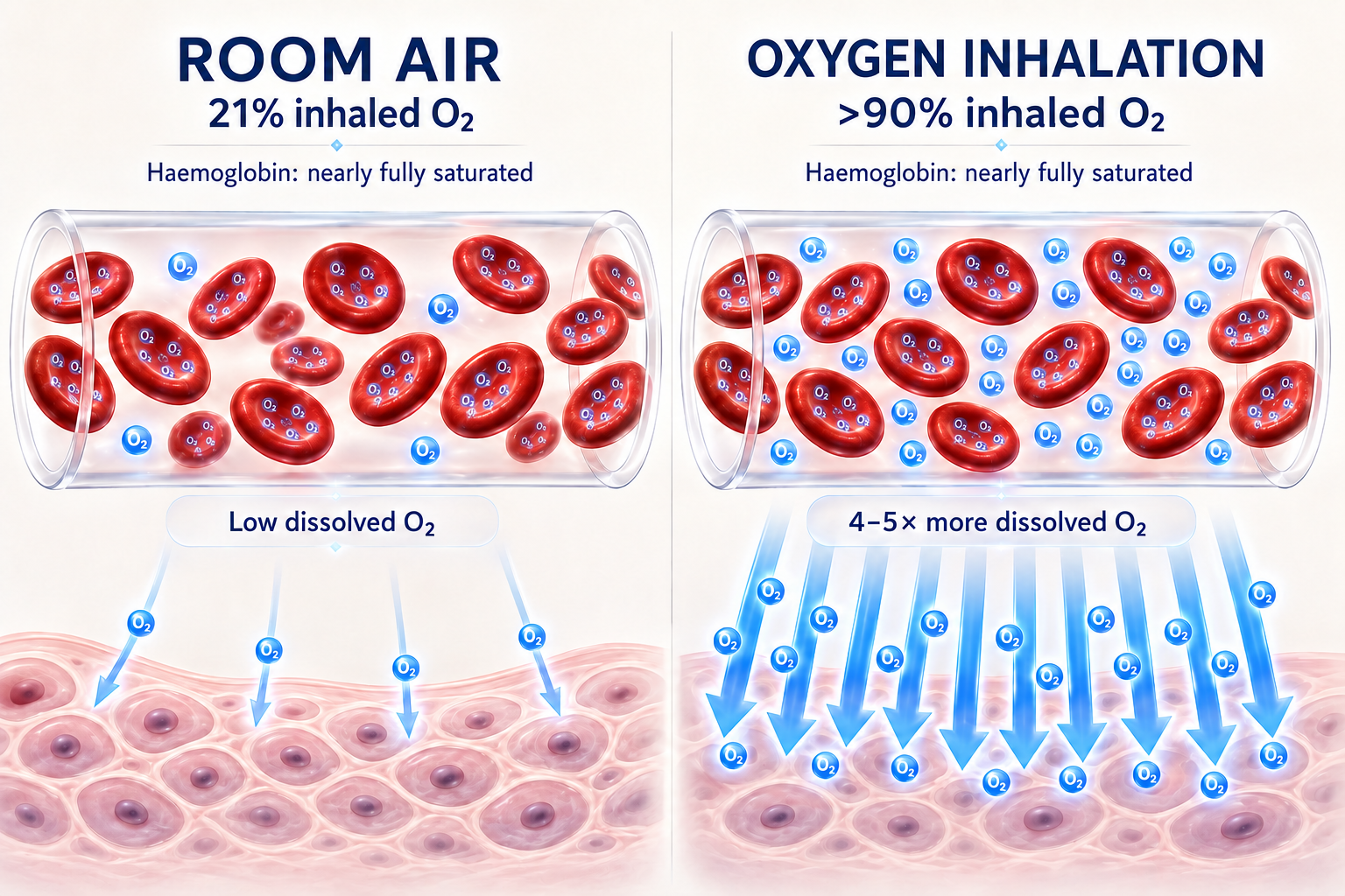Comparison of oxygen flow through tissue before and during oxygen inhalation showing approximately fivefold greater dissolved oxygen availability