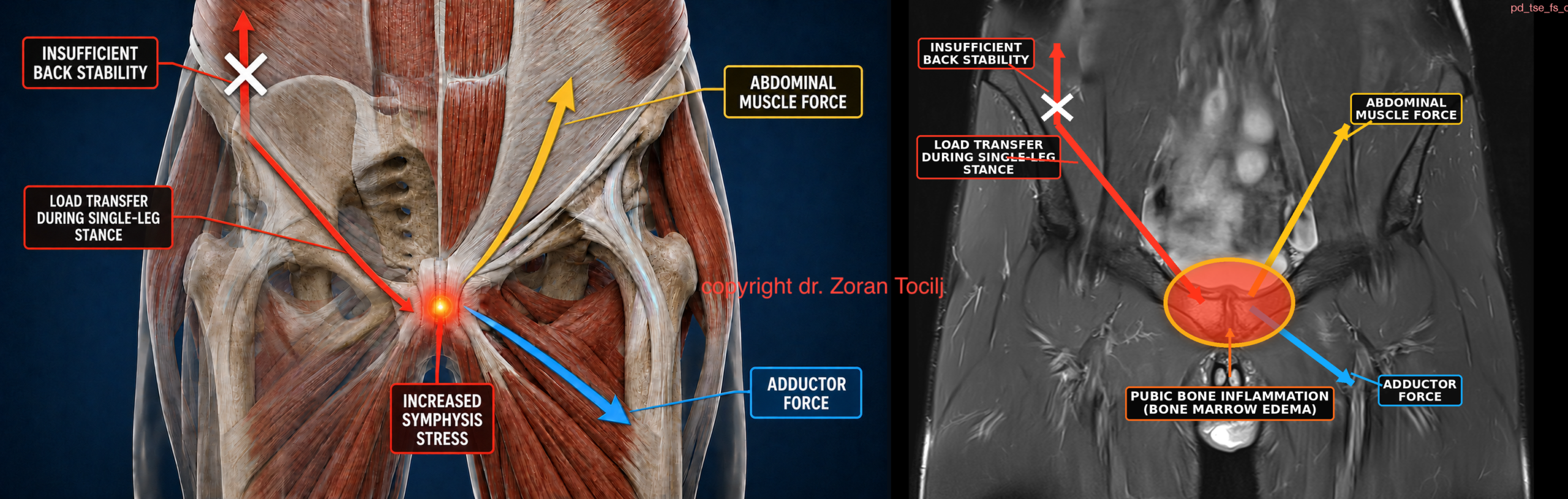 Osteitis pubis MRI comparison showing biomechanical forces on the pubic symphysis, adductors and abdominal wall