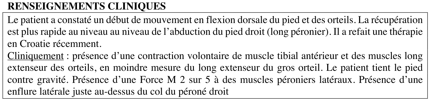 Clinical examination from the January 2022 report: voluntary contraction of the tibialis anterior and toe extensors, the ability to hold the foot against gravity, and M2/5 strength in the lateral peroneal muscles.
